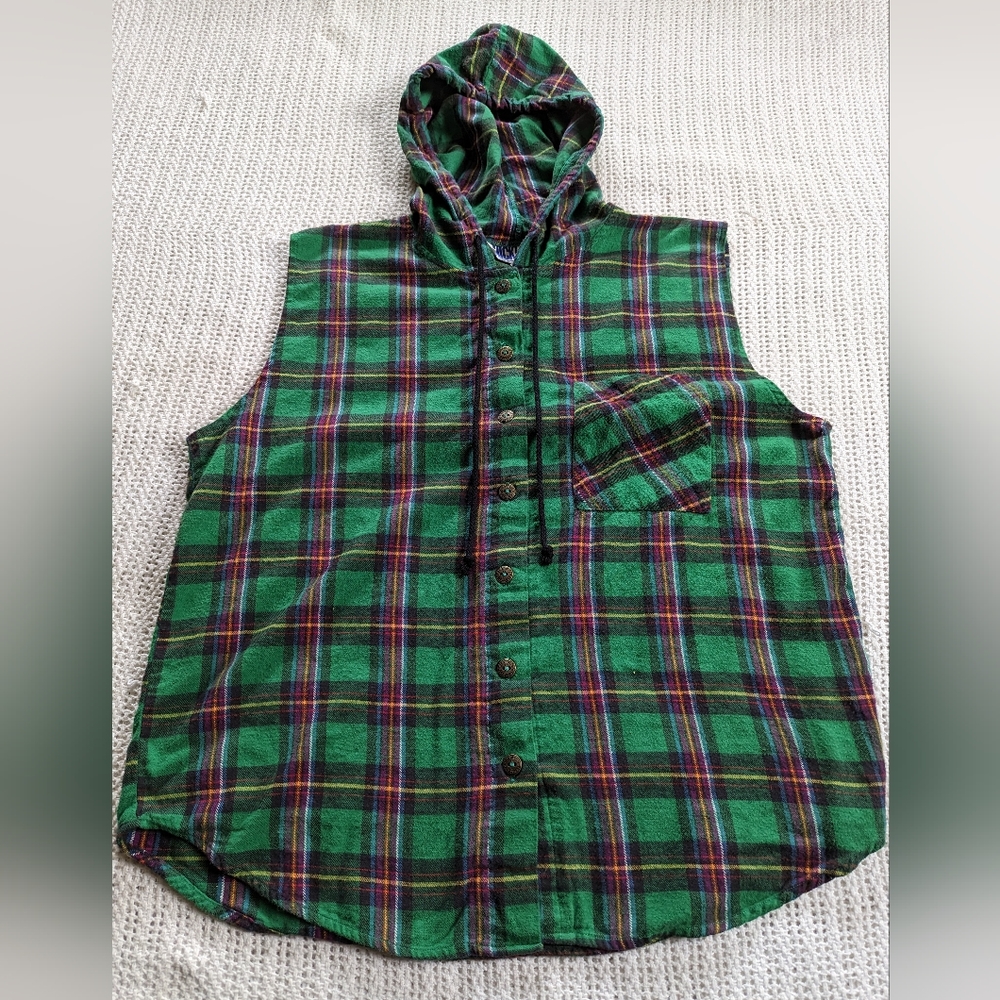 VTG Women's LARGE Drawstring Hooded Green Plaid Vest 90s NICKY & ZOEY Button Up